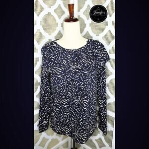 COS Navy Brown Cream Abstract Pattern Shoulder Ruffle Long Sleeve Blouse Size 10